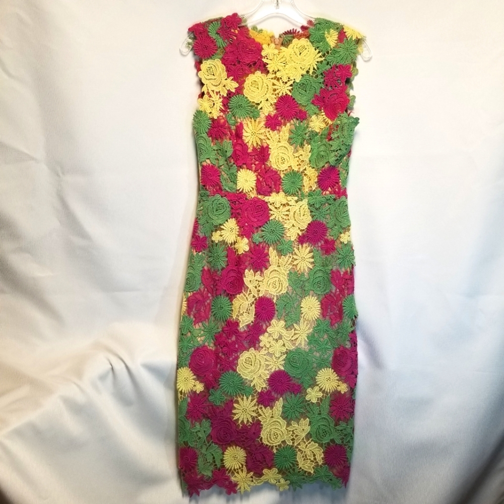 Mikael Aghal Dress Womans Size 2 Crocheted Sleeveless Back Zip Back Slit Yellow